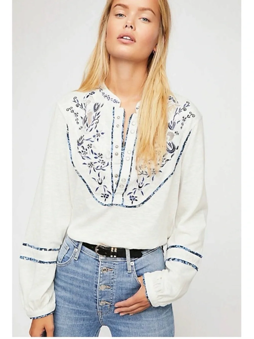 Free People Sundance Kid Henley Floral Embroidered Blouse Pearl Snap S Western